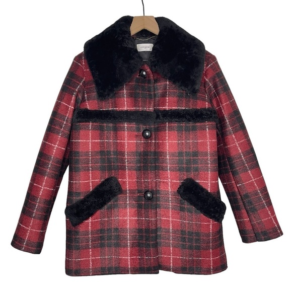 Coach Coat Womens 4 Wool Tartan Plaid Fur Collar Mob Wife Red Holiday Christmas - Picture 1 of 14